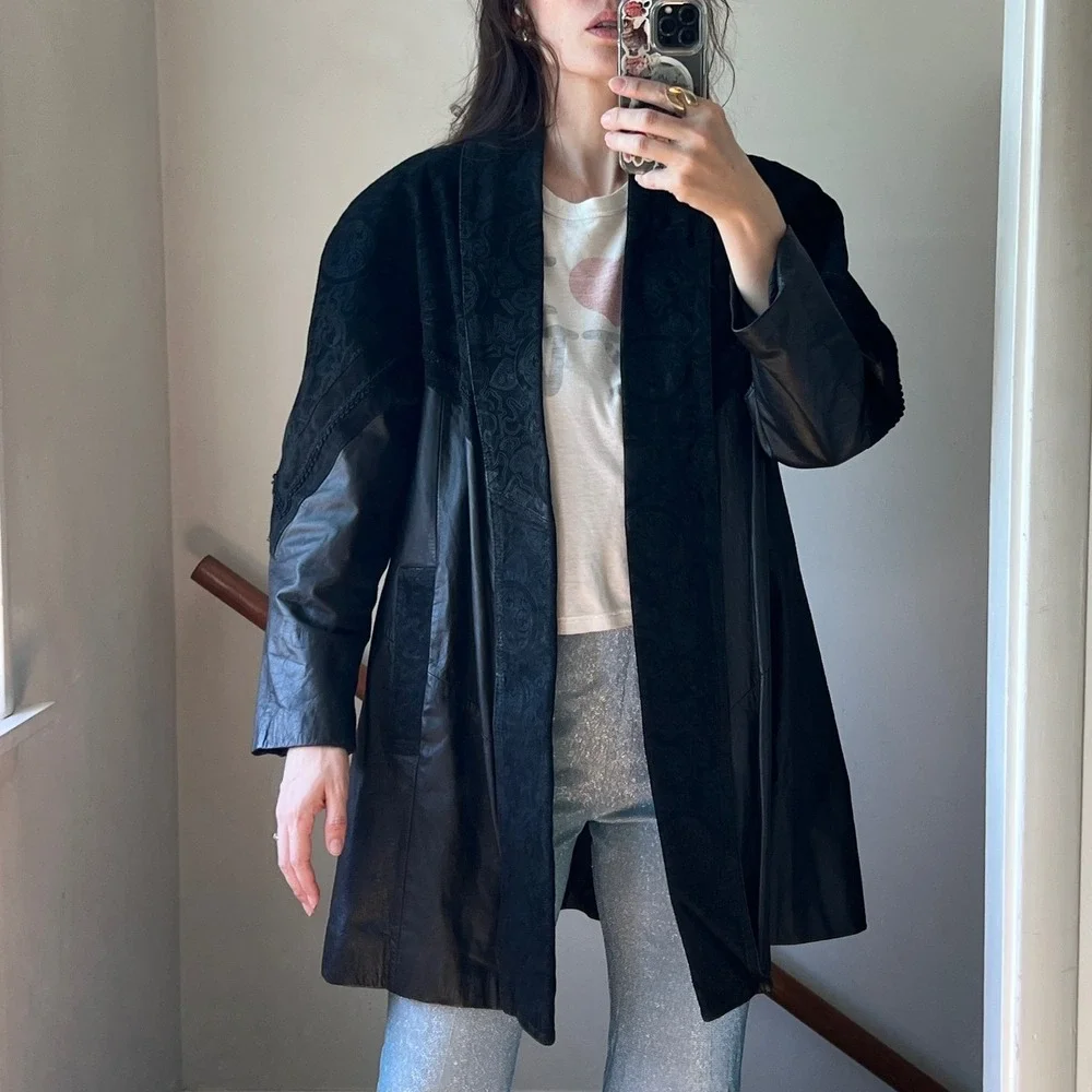Vintage 80s Leather Jacket Black Statement Maximalist Western Oversized Coat